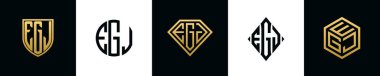 İlk harfler EGJ logosu Bundle dizayn eder. Bu koleksiyon kalkan, yuvarlak, elmas, dikdörtgen ve altıgen stil logoyla birleştirilmiştir. Vektör şablonu