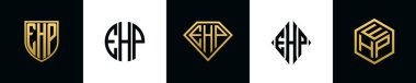 İlk harfler EHP logosu Bundle dizayn eder. Bu koleksiyon kalkan, yuvarlak, elmas, dikdörtgen ve altıgen stil logoyla birleştirilmiştir. Vektör şablonu