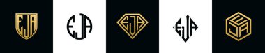 İlk harfler EJA logosu Bundle dizayn eder. Bu koleksiyon kalkan, yuvarlak, elmas, dikdörtgen ve altıgen stil logoyla birleştirilmiştir. Vektör şablonu