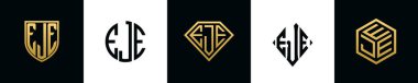 İlk harfler EJE logosu Bundle dizayn eder. Bu koleksiyon kalkan, yuvarlak, elmas, dikdörtgen ve altıgen stil logoyla birleştirilmiştir. Vektör şablonu