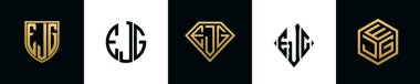 İlk harfler EJG logosu Bundle dizayn eder. Bu koleksiyon kalkan, yuvarlak, elmas, dikdörtgen ve altıgen stil logoyla birleştirilmiştir. Vektör şablonu