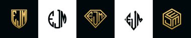 İlk harfler EJM logosu Bundle dizayn eder. Bu koleksiyon kalkan, yuvarlak, elmas, dikdörtgen ve altıgen stil logoyla birleştirilmiştir. Vektör şablonu