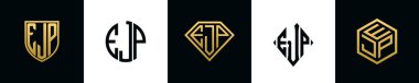 İlk harfler EJP logosu Bundle dizayn eder. Bu koleksiyon kalkan, yuvarlak, elmas, dikdörtgen ve altıgen stil logoyla birleştirilmiştir. Vektör şablonu