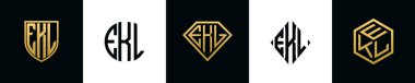 İlk harfler EKL logosu demetler dizayn eder. Bu koleksiyon kalkan, yuvarlak, elmas, dikdörtgen ve altıgen stil logoyla birleştirilmiştir. Vektör şablonu