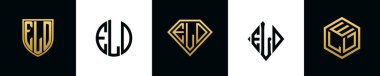 İlk harfler ELD logosu Bundle dizayn eder. Bu koleksiyon kalkan, yuvarlak, elmas, dikdörtgen ve altıgen stil logoyla birleştirilmiştir. Vektör şablonu