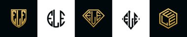 İlk harfler ELE logosu Bundle dizayn eder. Bu koleksiyon kalkan, yuvarlak, elmas, dikdörtgen ve altıgen stil logoyla birleştirilmiştir. Vektör şablonu