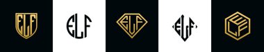 İlk harfler ELF logosu Bundle dizayn eder. Bu koleksiyon kalkan, yuvarlak, elmas, dikdörtgen ve altıgen stil logoyla birleştirilmiştir. Vektör şablonu
