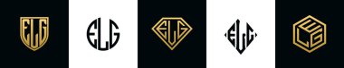 İlk harfler ELG logosu Bundle dizayn eder. Bu koleksiyon kalkan, yuvarlak, elmas, dikdörtgen ve altıgen stil logoyla birleştirilmiştir. Vektör şablonu