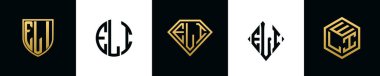 İlk harfler ELI logosu Bundle dizayn eder. Bu koleksiyon kalkan, yuvarlak, elmas, dikdörtgen ve altıgen stil logoyla birleştirilmiştir. Vektör şablonu