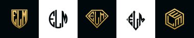 İlk harfler ELM logosu Bundle dizayn ediyor. Bu koleksiyon kalkan, yuvarlak, elmas, dikdörtgen ve altıgen stil logoyla birleştirilmiştir. Vektör şablonu