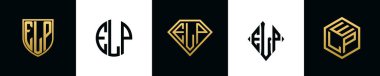 İlk harfler ELP logosu Bundle dizayn eder. Bu koleksiyon kalkan, yuvarlak, elmas, dikdörtgen ve altıgen stil logoyla birleştirilmiştir. Vektör şablonu