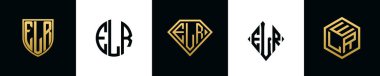 İlk harfler ELR logosu Bundle dizayn ediyor. Bu koleksiyon kalkan, yuvarlak, elmas, dikdörtgen ve altıgen stil logoyla birleştirilmiştir. Vektör şablonu