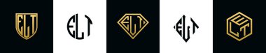 İlk harfler ELT logosu Bundle dizayn eder. Bu koleksiyon kalkan, yuvarlak, elmas, dikdörtgen ve altıgen stil logoyla birleştirilmiştir. Vektör şablonu