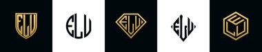 İlk harfler ELU logosu Bundle dizayn eder. Bu koleksiyon kalkan, yuvarlak, elmas, dikdörtgen ve altıgen stil logoyla birleştirilmiştir. Vektör şablonu