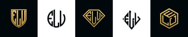 İlk harfler ELV logosu Bundle dizayn eder. Bu koleksiyon kalkan, yuvarlak, elmas, dikdörtgen ve altıgen stil logoyla birleştirilmiştir. Vektör şablonu