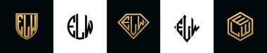 İlk harfler ELW logosu Bundle dizayn eder. Bu koleksiyon kalkan, yuvarlak, elmas, dikdörtgen ve altıgen stil logoyla birleştirilmiştir. Vektör şablonu