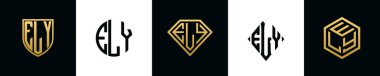 İlk harfler ELY logosu Bundle dizayn eder. Bu koleksiyon kalkan, yuvarlak, elmas, dikdörtgen ve altıgen stil logoyla birleştirilmiştir. Vektör şablonu