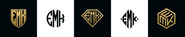 İlk harfler EMK logosu Bundle dizayn eder. Bu koleksiyon kalkan, yuvarlak, elmas, dikdörtgen ve altıgen stil logoyla birleştirilmiştir. Vektör şablonu