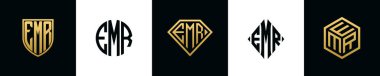 İlk harfler EMR logosu Bundle dizayn eder. Bu koleksiyon kalkan, yuvarlak, elmas, dikdörtgen ve altıgen stil logoyla birleştirilmiştir. Vektör şablonu