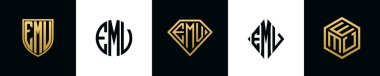 İlk harfler EMV logosu Bundle dizayn eder. Bu koleksiyon kalkan, yuvarlak, elmas, dikdörtgen ve altıgen stil logoyla birleştirilmiştir. Vektör şablonu