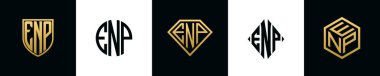İlk harfler ENP logosu Bundle dizayn eder. Bu koleksiyon kalkan, yuvarlak, elmas, dikdörtgen ve altıgen stil logoyla birleştirilmiştir. Vektör şablonu