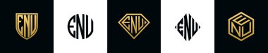 ENU logosu ilk harfleri Bundle dizayn eder. Bu koleksiyon kalkan, yuvarlak, elmas, dikdörtgen ve altıgen stil logoyla birleştirilmiştir. Vektör şablonu