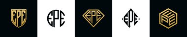 İlk harfler EPE logosu Bundle dizayn eder. Bu koleksiyon kalkan, yuvarlak, elmas, dikdörtgen ve altıgen stil logoyla birleştirilmiştir. Vektör şablonu