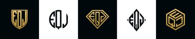 İlk harfler EQJ logosu Bundle dizayn eder. Bu koleksiyon kalkan, yuvarlak, elmas, dikdörtgen ve altıgen stil logoyla birleştirilmiştir. Vektör şablonu