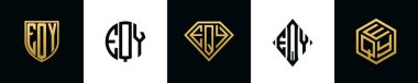 İlk harfler EQY logosu Bundle dizayn eder. Bu koleksiyon kalkan, yuvarlak, elmas, dikdörtgen ve altıgen stil logoyla birleştirilmiştir. Vektör şablonu