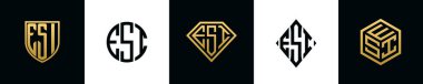 İlk harfler ESI logosu Bundle dizayn eder. Bu koleksiyon kalkan, yuvarlak, elmas, dikdörtgen ve altıgen stil logoyla birleştirilmiştir. Vektör şablonu