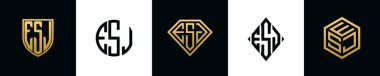 İlk harfler ESJ logosu Bundle dizayn eder. Bu koleksiyon kalkan, yuvarlak, elmas, dikdörtgen ve altıgen stil logoyla birleştirilmiştir. Vektör şablonu