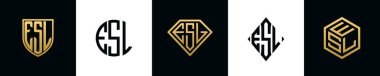 İlk harfler ESL logosu Bundle dizayn eder. Bu koleksiyon kalkan, yuvarlak, elmas, dikdörtgen ve altıgen stil logoyla birleştirilmiştir. Vektör şablonu