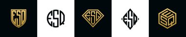 İlk harfler ESQ logosu Bundle dizayn eder. Bu koleksiyon kalkan, yuvarlak, elmas, dikdörtgen ve altıgen stil logoyla birleştirilmiştir. Vektör şablonu