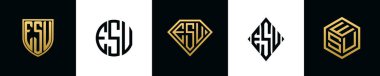 İlk harfler ESU logosu Bundle dizayn eder. Bu koleksiyon kalkan, yuvarlak, elmas, dikdörtgen ve altıgen stil logoyla birleştirilmiştir. Vektör şablonu