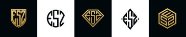 İlk harfler ESZ logosu Bundle dizayn eder. Bu koleksiyon kalkan, yuvarlak, elmas, dikdörtgen ve altıgen stil logoyla birleştirilmiştir. Vektör şablonu