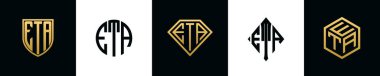İlk harfler ETA logosu Bundle dizayn eder. Bu koleksiyon kalkan, yuvarlak, elmas, dikdörtgen ve altıgen stil logoyla birleştirilmiştir. Vektör şablonu