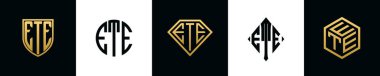 İlk harfler ETE logosu Bundle dizayn eder. Bu koleksiyon kalkan, yuvarlak, elmas, dikdörtgen ve altıgen stil logoyla birleştirilmiştir. Vektör şablonu