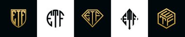 İlk harfler ETF logosu Bundle dizayn eder. Bu koleksiyon kalkan, yuvarlak, elmas, dikdörtgen ve altıgen stil logoyla birleştirilmiştir. Vektör şablonu