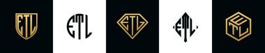 İlk harfler ETL logosu Bundle dizayn eder. Bu koleksiyon kalkan, yuvarlak, elmas, dikdörtgen ve altıgen stil logoyla birleştirilmiştir. Vektör şablonu