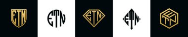 İlk harfler ETN logosu Bundle dizayn eder. Bu koleksiyon kalkan, yuvarlak, elmas, dikdörtgen ve altıgen stil logoyla birleştirilmiştir. Vektör şablonu