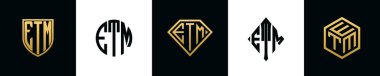 İlk harfler ETM logosu Bundle dizayn eder. Bu koleksiyon kalkan, yuvarlak, elmas, dikdörtgen ve altıgen stil logoyla birleştirilmiştir. Vektör şablonu