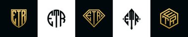 İlk harfler ETR logosu Bundle dizayn eder. Bu koleksiyon kalkan, yuvarlak, elmas, dikdörtgen ve altıgen stil logoyla birleştirilmiştir. Vektör şablonu