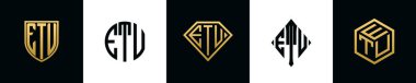 İlk harfler ETU logosu Bundle dizayn eder. Bu koleksiyon kalkan, yuvarlak, elmas, dikdörtgen ve altıgen stil logoyla birleştirilmiştir. Vektör şablonu