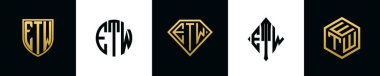 İlk harfler ETW logosu Bundle dizayn eder. Bu koleksiyon kalkan, yuvarlak, elmas, dikdörtgen ve altıgen stil logoyla birleştirilmiştir. Vektör şablonu