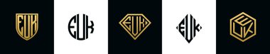 EUK logosu ilk harfleri Bundle dizayn ediyor. Bu koleksiyon kalkan, yuvarlak, elmas, dikdörtgen ve altıgen stil logoyla birleştirilmiştir. Vektör şablonu