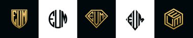 İlk harfler EUM logosu Bundle dizayn ediyor. Bu koleksiyon kalkan, yuvarlak, elmas, dikdörtgen ve altıgen stil logoyla birleştirilmiştir. Vektör şablonu