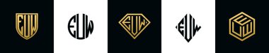 İlk harfler EUW logosu Bundle dizayn ediyor. Bu koleksiyon kalkan, yuvarlak, elmas, dikdörtgen ve altıgen stil logoyla birleştirilmiştir. Vektör şablonu