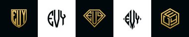 EVY logosu ilk harfleri Bundle dizayn eder. Bu koleksiyon kalkan, yuvarlak, elmas, dikdörtgen ve altıgen stil logoyla birleştirilmiştir. Vektör şablonu