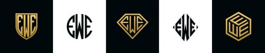 İlk harfler EWE logosu Bundle dizayn eder. Bu koleksiyon kalkan, yuvarlak, elmas, dikdörtgen ve altıgen stil logoyla birleştirilmiştir. Vektör şablonu