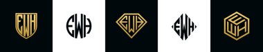 İlk harfler EWH logosu Bundle dizayn eder. Bu koleksiyon kalkan, yuvarlak, elmas, dikdörtgen ve altıgen stil logoyla birleştirilmiştir. Vektör şablonu